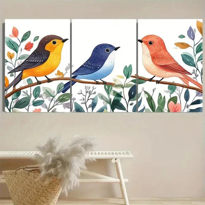 3pcs Colorful Songbirds on Branch with Lush Wall Art Set Canvas Unframed - High Quality Print 100% Australian Made Wall Canvas - Bella Home Decor