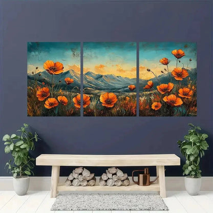 3pcs Vibrant Floral Poppy Wall Art Set Canvas Framed 50x70cm - High Quality Print 100% Australian Made Wall Canvas Ready to Hang