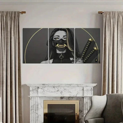 3pcs Woman In Mask and Katana Modern Canvas Unframed - High Quality Print 100% Australian Made Wall Canvas