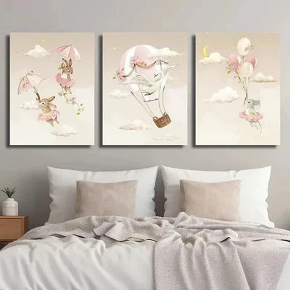 3pcs Swan Rabbit & Mouse on Hot Air Balloon Wall Art Set Canvas Unframed - High Quality Print 100% Australian Made Wall Canvas