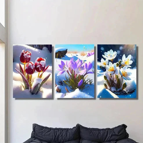 3pcs Red Tulip & Crocus in Snow Surface Wall Art Set Canvas Unframed - High Quality Print 100% Australian Made Wall Canvas