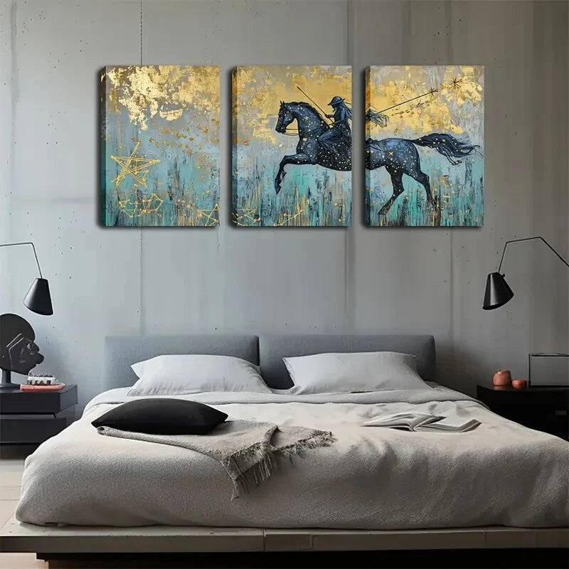 3pcs Realistic Starry Night Black Horse Perfect Wall Art Set Canvas Framed 40x60cm - High Quality Print 100% Australian Made Wall Canvas Ready to Hang - Bella Home Decor