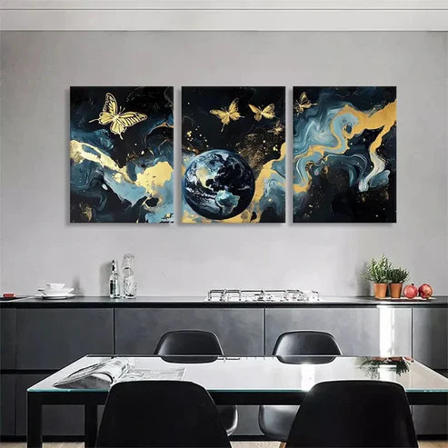 3pcs Golden Butterfly & Earth Marble Perfect  Wall Art Set Canvas Unframed - High Quality Print 100% Australian Made Wall Canvas - Bella Home Decor