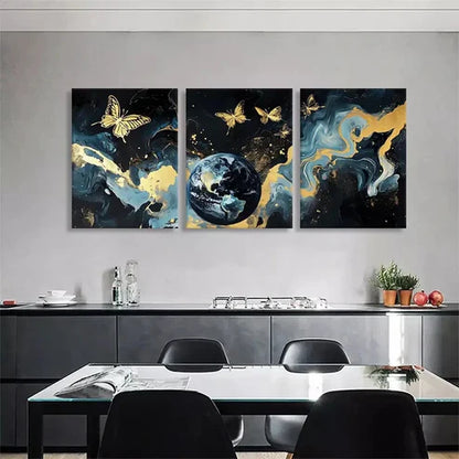 3pcs Golden Butterfly & Earth Marble Perfect  Wall Art Set Canvas Unframed - High Quality Print 100% Australian Made Wall Canvas - Bella Home Decor