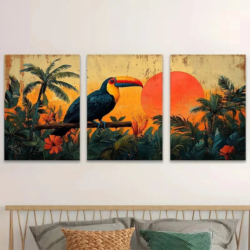 3pcs Tropical Toucan with Sunset Wall Art Set Canvas Framed 40x60cm - High Quality Print 100% Australian Made Wall Canvas Ready to Hang