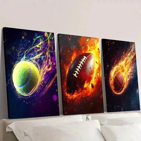 3pcs Fiery Tennis Rugby Basketball Decor Wall Art Set Canvas Unframed - High Quality Print 100% Australian Made Wall Canvas