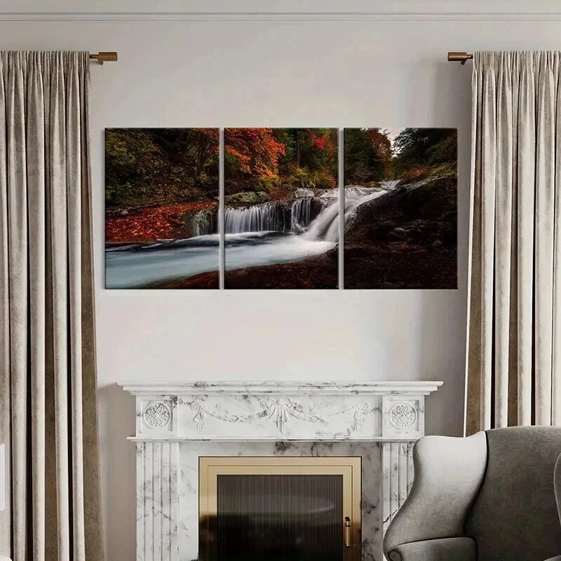 3pcs Forest Stream Waterfall & Red Floral Wall Art Set Canvas Framed 60x90cm - High Quality Print 100% Australian Made Wall Canvas Ready to Hang - Bella Home Decor