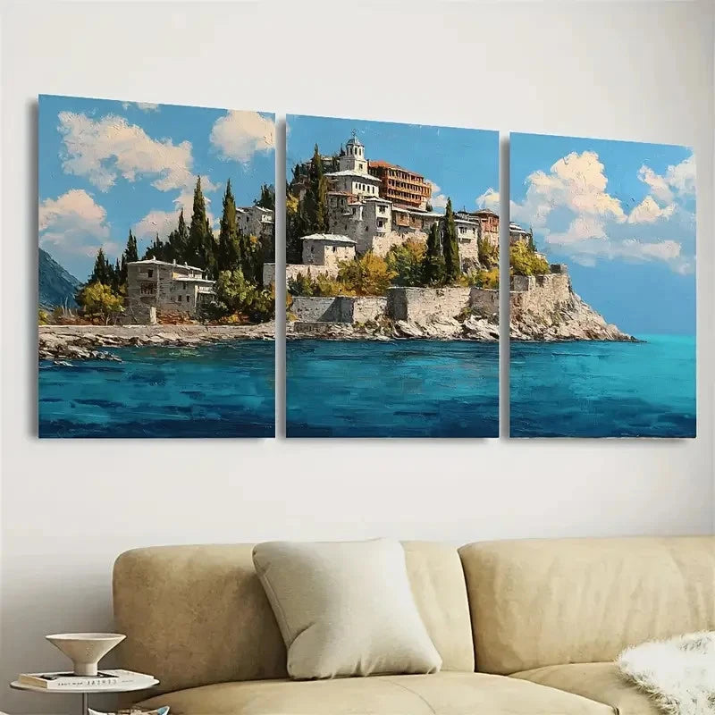 3pcs A Small Island With A Castle On Top Wall Art Set Canvas Framed 60x90cm - High Quality Print 100% Australian Made Wall Canvas Ready to Hang - Bella Home Decor