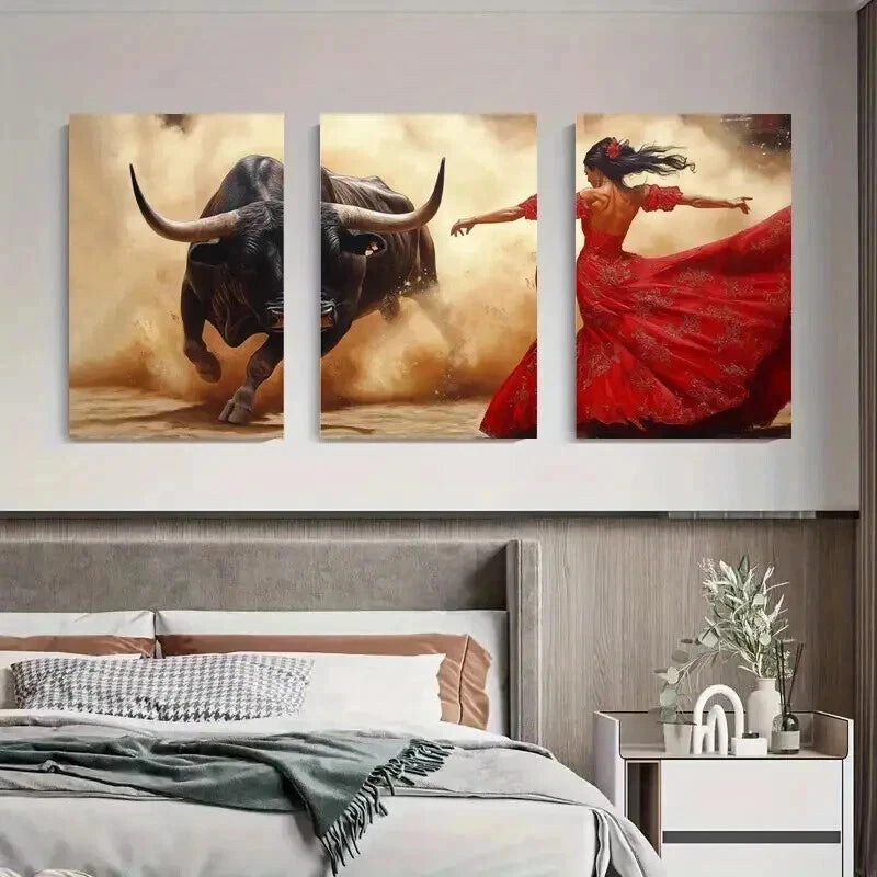 3pcs Flamenco Dancer Charging Bull Perfect Wall Art Set Canvas Framed 50x70cm - High Quality Print 100% Australian Made Wall Canvas Ready to Hang - Bella Home Decor