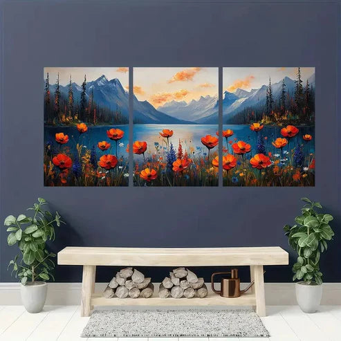 3pcs Vibrant Wildflower Scenery Lake Wall Art Set Canvas Unframed - High Quality Print 100% Australian Made Wall Canvas