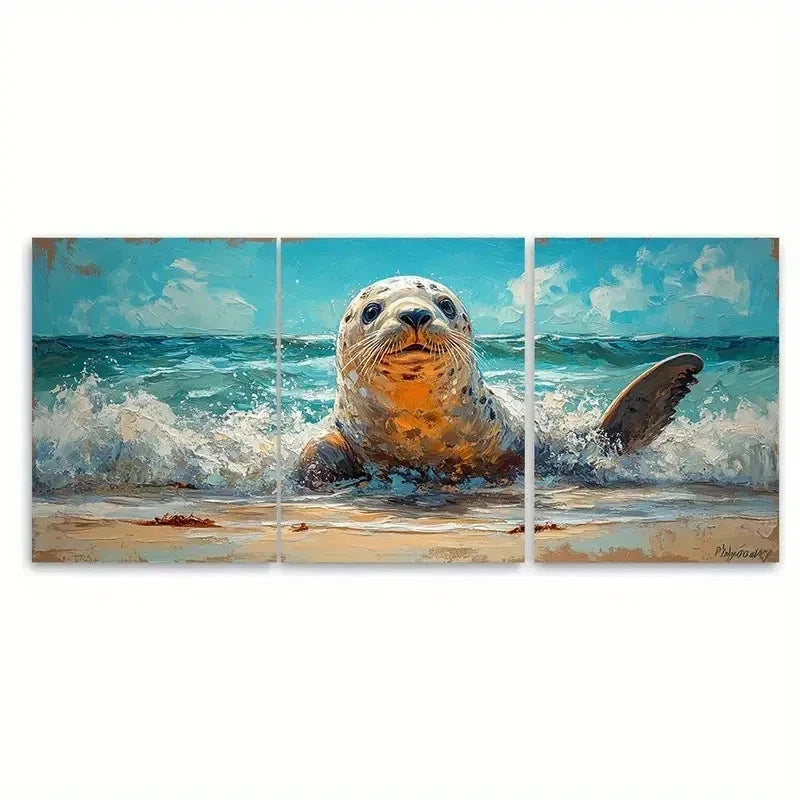 3pcs Vibrant Seal Beach Marine Animals ER    Wall Art Set Canvas Framed 40x60cm - High Quality Print 100% Australian Made Wall Canvas Ready to Hang - Bella Home Decor