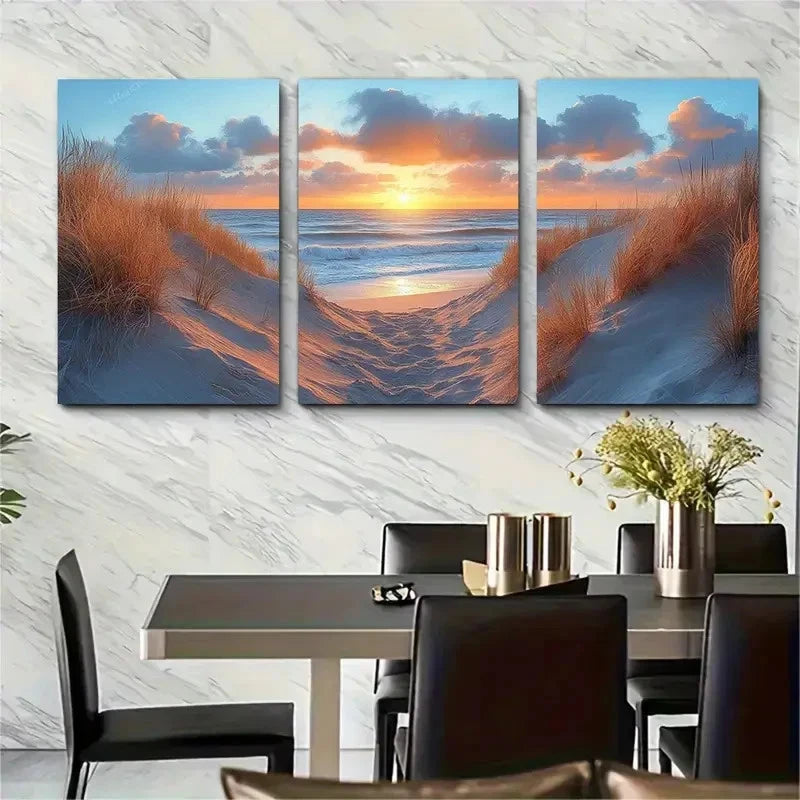 3pcs Tranquil Sunset Seascape Netherland Perfect Wall Art Set Canvas Framed 60x90cm - High Quality Print 100% Australian Made Wall Canvas Ready to Hang