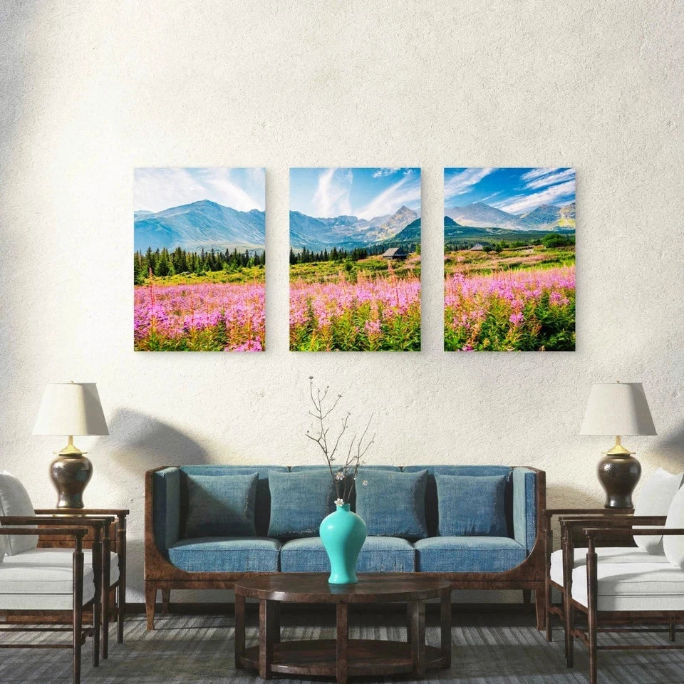 3pcs Purple Wildflowers In Mountain Valley Wall Art Set Canvas Framed 50x70cm - High Quality Print 100% Australian Made Wall Canvas Ready to Hang