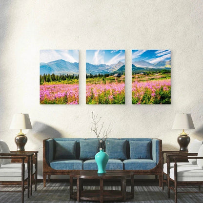 3pcs Purple Wildflowers In Mountain Valley Wall Art Set Canvas Framed 50x70cm - High Quality Print 100% Australian Made Wall Canvas Ready to Hang