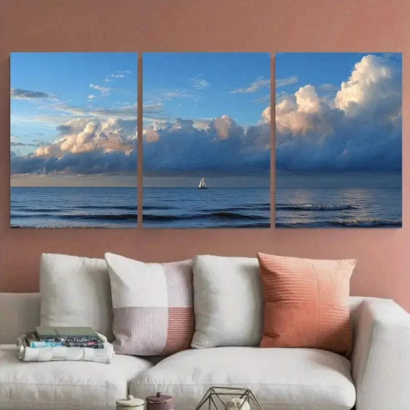 3pcs North Sea Blue Horizon Yacht Perfect Wall Art Set Canvas Framed 60x90cm - High Quality Print 100% Australian Made Wall Canvas Ready to Hang