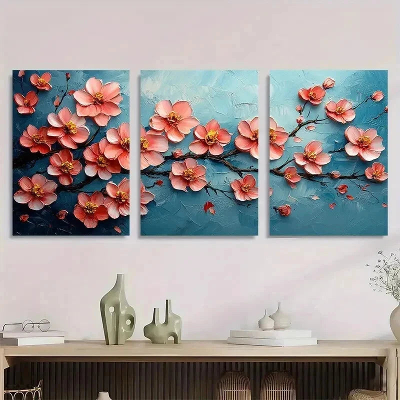 3pcs Cherry Blossom Oil Impasto Perfect Wall Art Set Canvas Framed 60x90cm - High Quality Print 100% Australian Made Wall Canvas Ready to Hang - Bella Home Decor