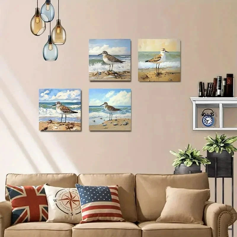4pcs Eascape Beach Bird Picture Wall Art Canvas Framed