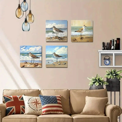 4pcs Eascape Beach Bird Picture Wall Art Canvas Framed