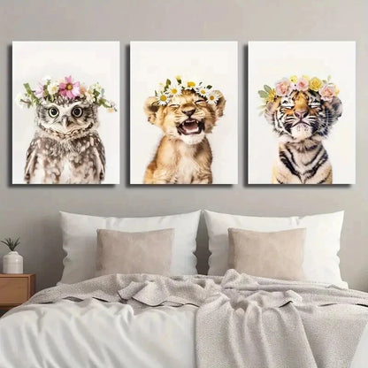 3pcs Adorable Animal Floral Crowns Perfect Wall Art Set Canvas Framed 50x70cm - High Quality Print 100% Australian Made Wall Canvas Ready to Hang - Bella Home Decor