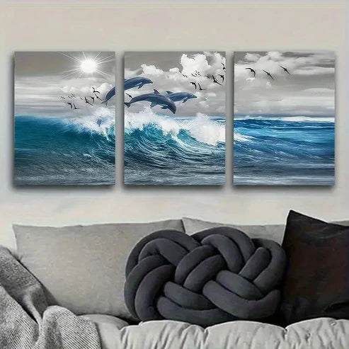 3pcs Dolphins and Seagulls Over Waves Wall Art Set Canvas Unframed - High Quality Print 100% Australian Made Wall Canvas - Bella Home Decor