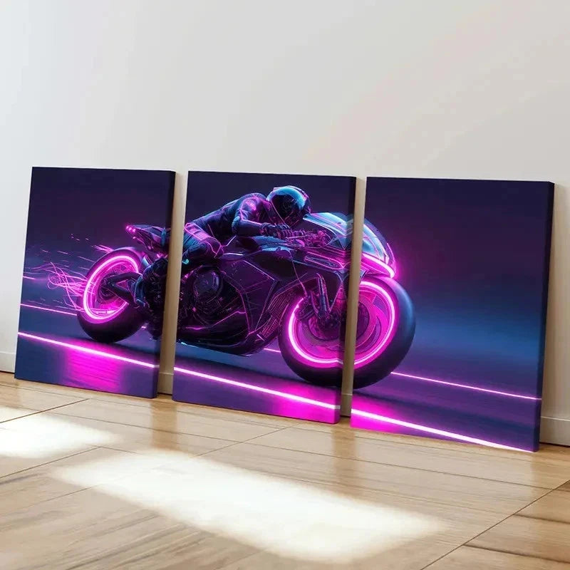 3pcs Cyberpunk Motorcycle Neon Pink & Purple Wall Art Set Canvas Framed 40x60cm - High Quality Print 100% Australian Made Wall Canvas Ready to Hang - Bella Home Decor