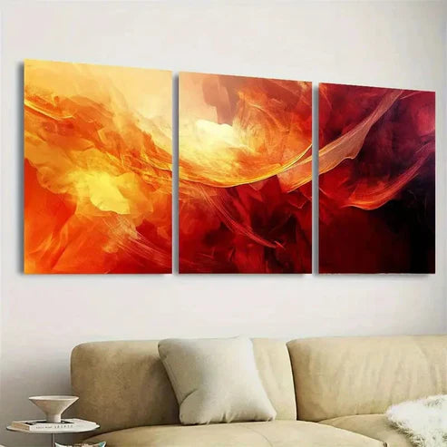 3pcs Warm Orange, Red & Yellow Swirls Wall Art Set Canvas Unframed - High Quality Print 100% Australian Made Wall Canvas - Bella Home Decor