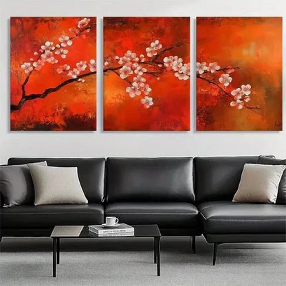 3pcs Red & Pink Flowering Cherry Tree Perfect Wall Art Set Canvas Unframed - High Quality Print 100% Australian Made Wall Canvas