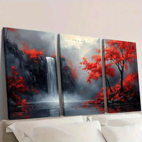 3pcs Red Trees And Waterfalls Black White Wall Art Set Canvas Unframed - High Quality Print 100% Australian Made Wall Canvas