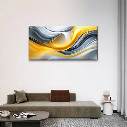 Yellow And Grey Waves Abstract Wall Art Canvas Office Home Room Framed 120x60cm