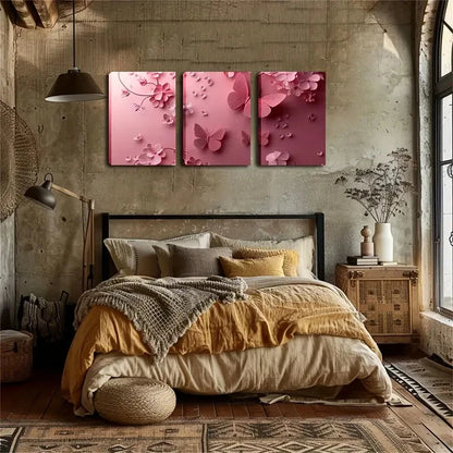 3pcs Modern Pink Butterfly & Floral Perfect Wall Art Set Canvas Framed 40x60cm - High Quality Print 100% Australian Made Wall Canvas Ready to Hang - Bella Home Decor
