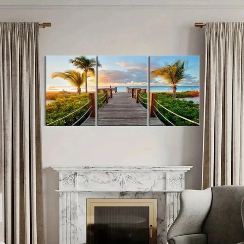 3pcs Beach At Sunset Palm Trees Modern Wall Art Canvas Unframed - High Quality Print 100% Australian Made Wall Canvas - Bella Home Decor