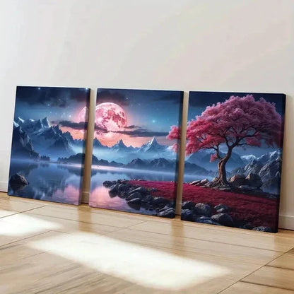 3pcs Red Moon Tree Mountains & Lake Wall Art Canvas Unframed – High Quality Print 100% Australian Made Wall Canvas