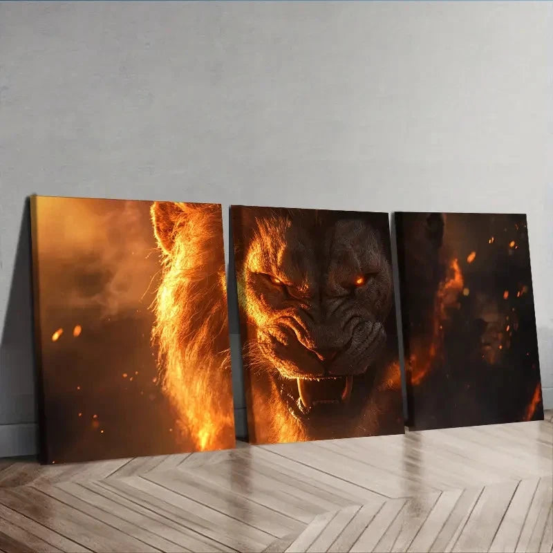 3pcs Modern Art Deco Style Firey Lion Wall Art Set Canvas Framed 40x60cm - High Quality Print 100% Australian Made Wall Canvas Ready to Hang - Bella Home Decor