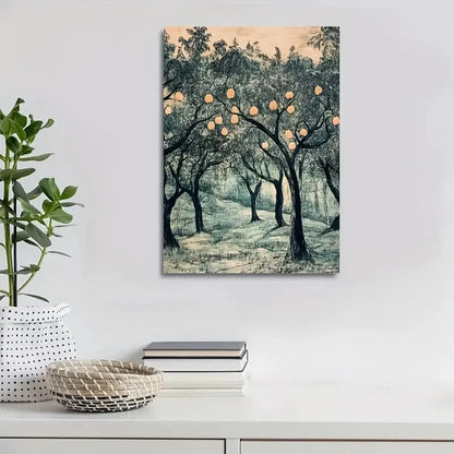 Vibrant Pear Tree Forest Scene Painting 40x60cm Metal Print Ready to Hang
