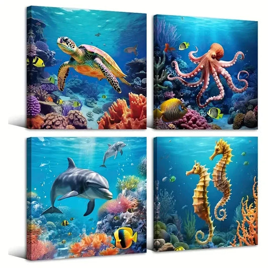 4pcs Sea Turtle Octopus Dolphin Seahorse Picture Wall Art Canvas Framed