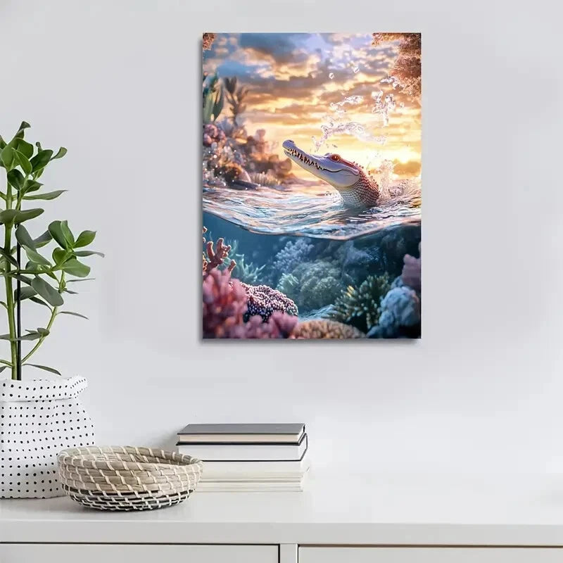 Vibrant Cartoon Crocodile Splashing Painting 40x60cm Metal Print Ready to Hang - Bella Home Decor