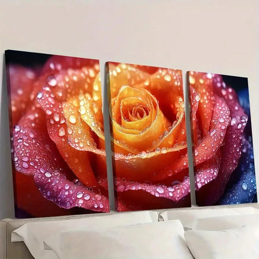 3pcs Rainbow Rose Painting Vibrant PV Wall Art Set Canvas Framed 50x70cm - High Quality Print 100% Australian Made Wall Canvas Ready to Hang