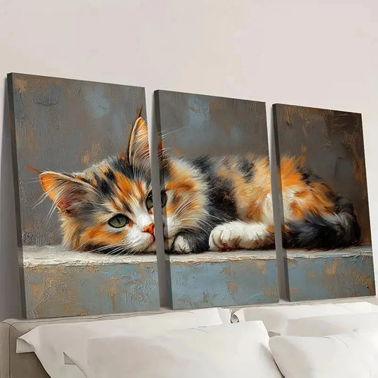 3pcs Calico Cat Vibrant Colors VC Wall Art Set Canvas Framed 40x60cm - High Quality Print 100% Australian Made Wall Canvas Ready to Hang (