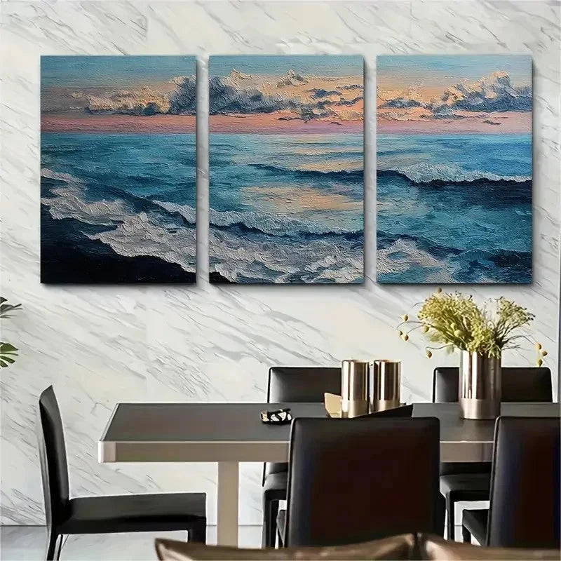 3pcs The Sea At Dusk Nature Blue Perfect Wall Art Set Canvas Framed 50x70cm - High Quality Print 100% Australian Made Wall Canvas Ready to Hang