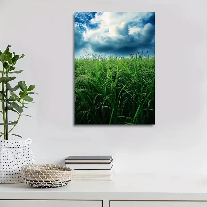 Beautiful Green Sugarcane Grassland Painting 40x60cm Metal Print Ready to Hang - Bella Home Decor