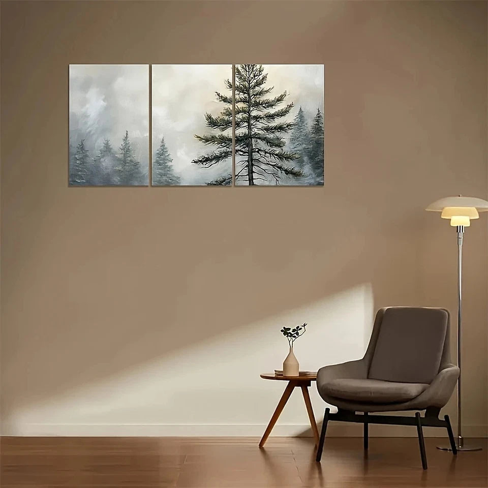 Three-panel wall art of trees on a beige wall above a chair and side table.