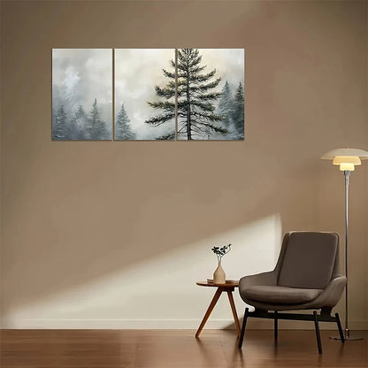 Three-panel wall art of trees on a beige wall above a chair and side table.