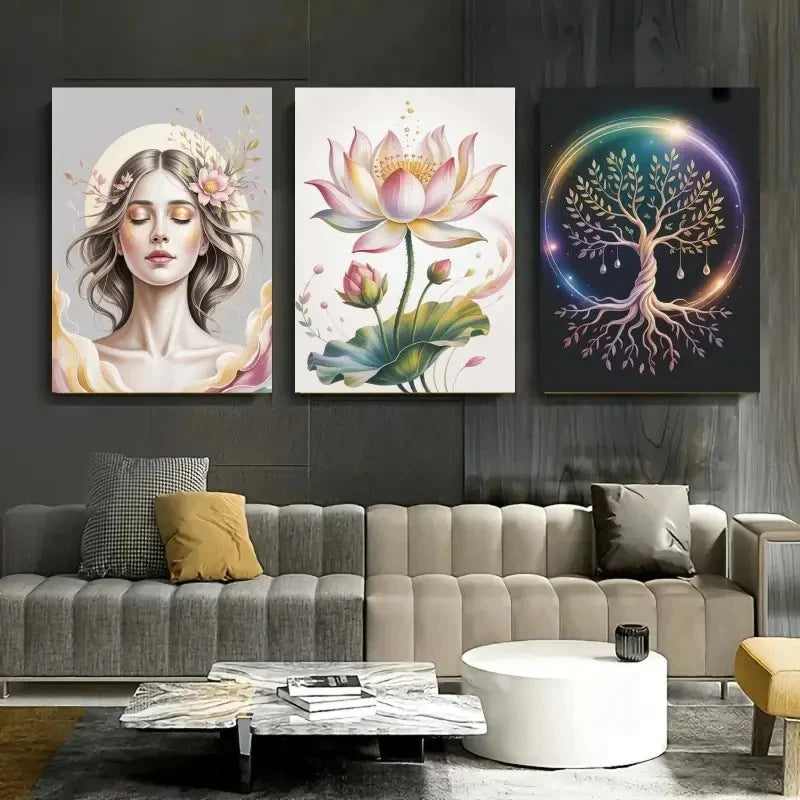 3pcs Lotus Flower, Tree of Life Wall Art Set Canvas Framed 50x70cm - High Quality Print 100% Australian Made Wall Canvas Ready to Hang - Bella Home Decor