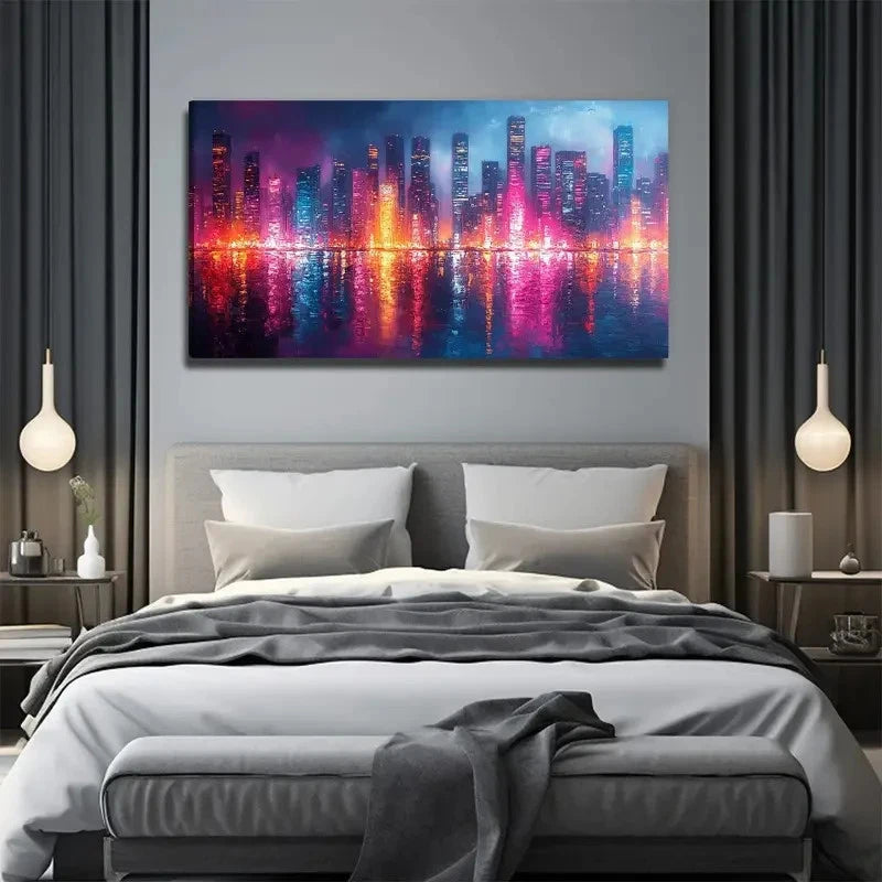 Vibrant Neon City Lights Wall Art Canvas Office Home Room Framed 120x60cm