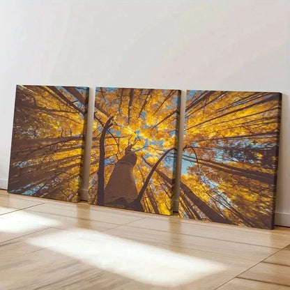 3pcs Nature Landscape Golden Leaves Wall Art Set Canvas Framed 50x70cm - High Quality Print 100% Australian Made Wall Canvas Ready to Hang