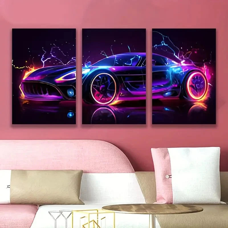 3pcs Neon Sports Car Artwork Wall Art Set Canvas Framed 50x70cm - High Quality Print 100% Australian Made Wall Canvas Ready to Hang