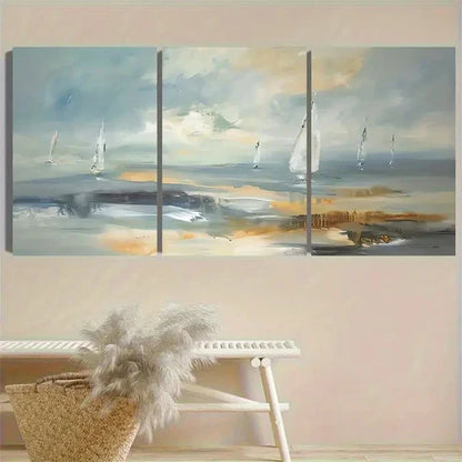 3pcs Seascape with Sailboats Vintage  Wall Art Set Canvas Unframed - High Quality Print 100% Australian Made Wall Canvas - Bella Home Decor