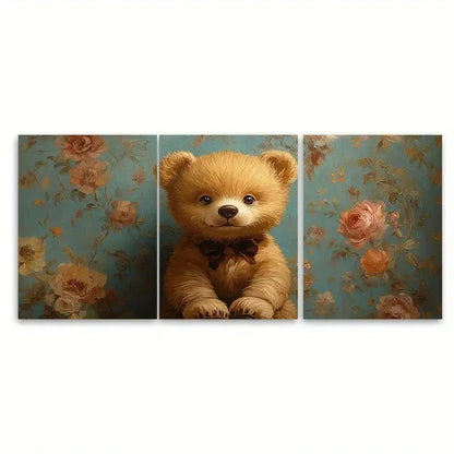3pcs Floral Teddy Bear Illustration TI Wall Art Set Canvas Framed 50x70cm - High Quality Print 100% Australian Made Wall Canvas Ready to Hang