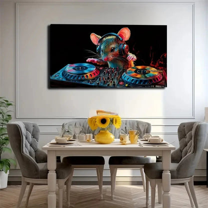 Playful Mouse DJing Headphones Wall Art Canvas Office Home Room Framed 120x60cm