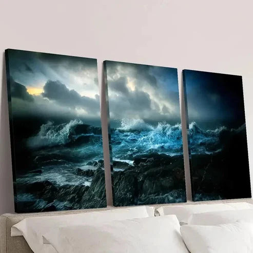 3pcs Amazing Deep Ocean Waves at Night Wall Art Set Canvas Unframed - High Quality Print 100% Australian Made Wall Canvas - Bella Home Decor